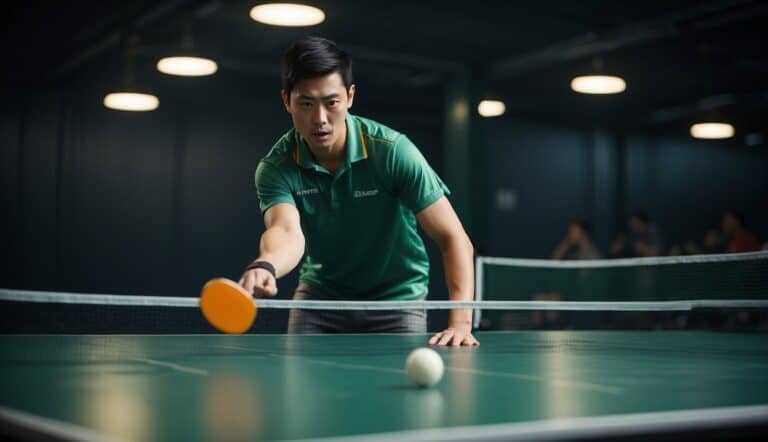 Two players practice basic table tennis strokes on a green table with a white net. The ball bounces back and forth with quick, precise movements