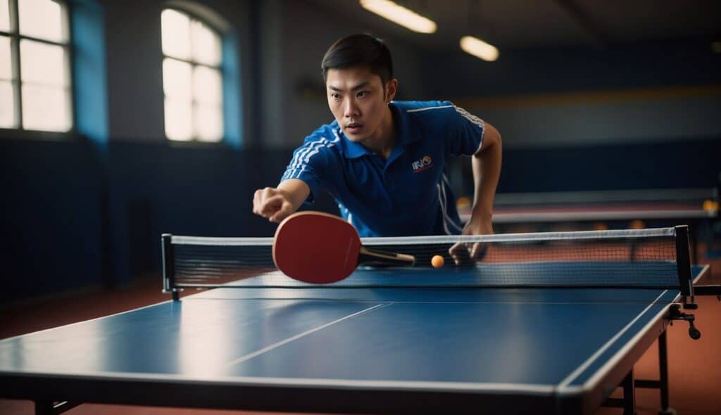 A table tennis player learning basic strokes, with a table, net, and paddle in a training setup