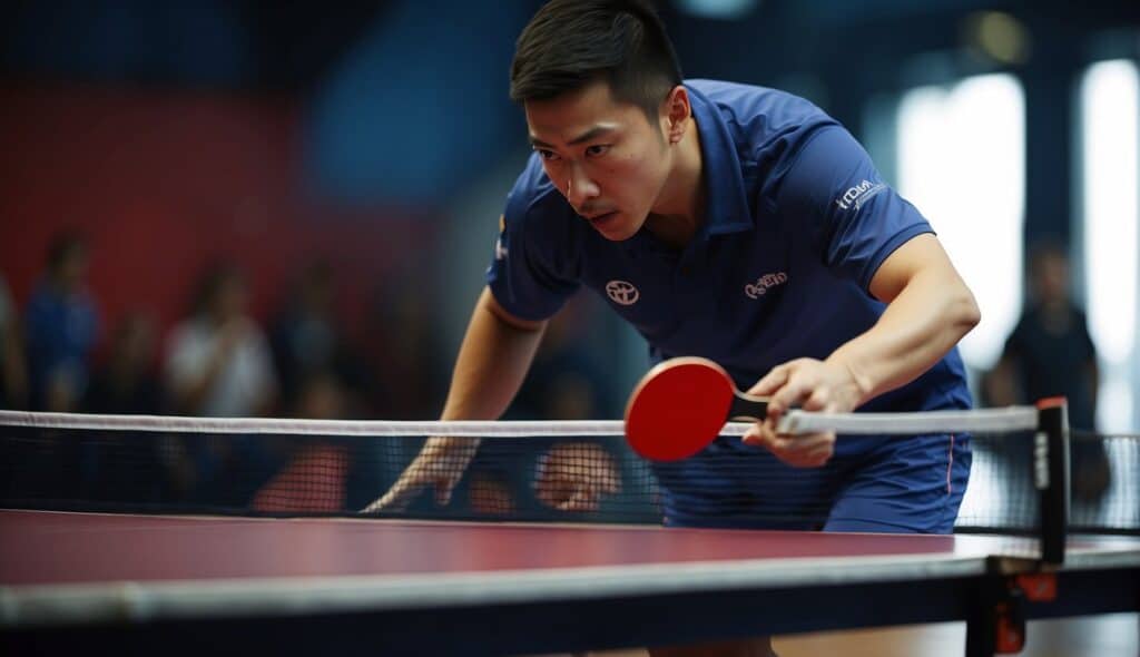 A table tennis player practicing basic strokes on a table, focusing on footwork and racket movement