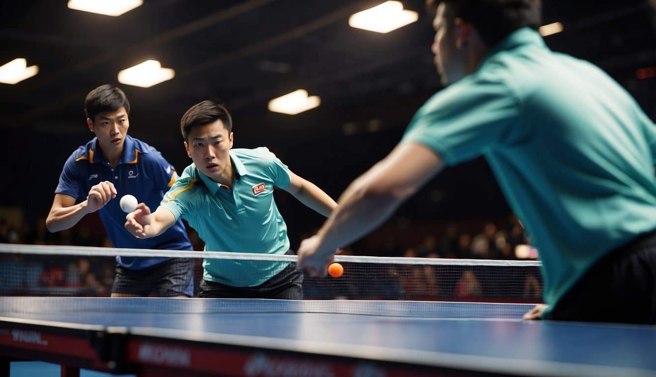 Players compete in a fast-paced table tennis match, with intense focus and swift movements. The ball zips back and forth over the net, creating a dynamic and energetic scene