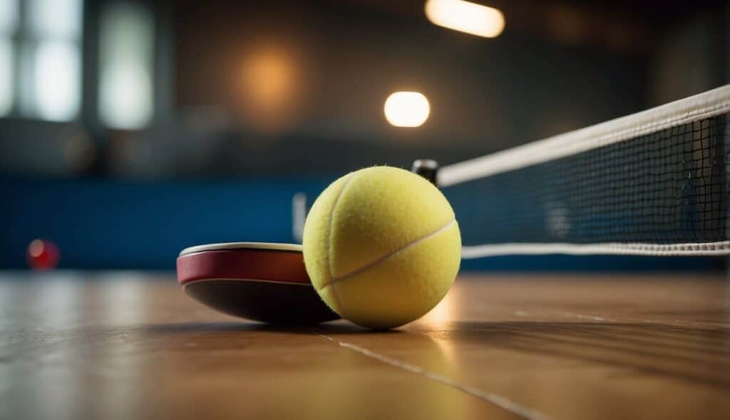 A table tennis ball bounces across a wooden table, surrounded by two players holding paddles. The room is filled with the sound of the ball hitting the table and the players' quick movements