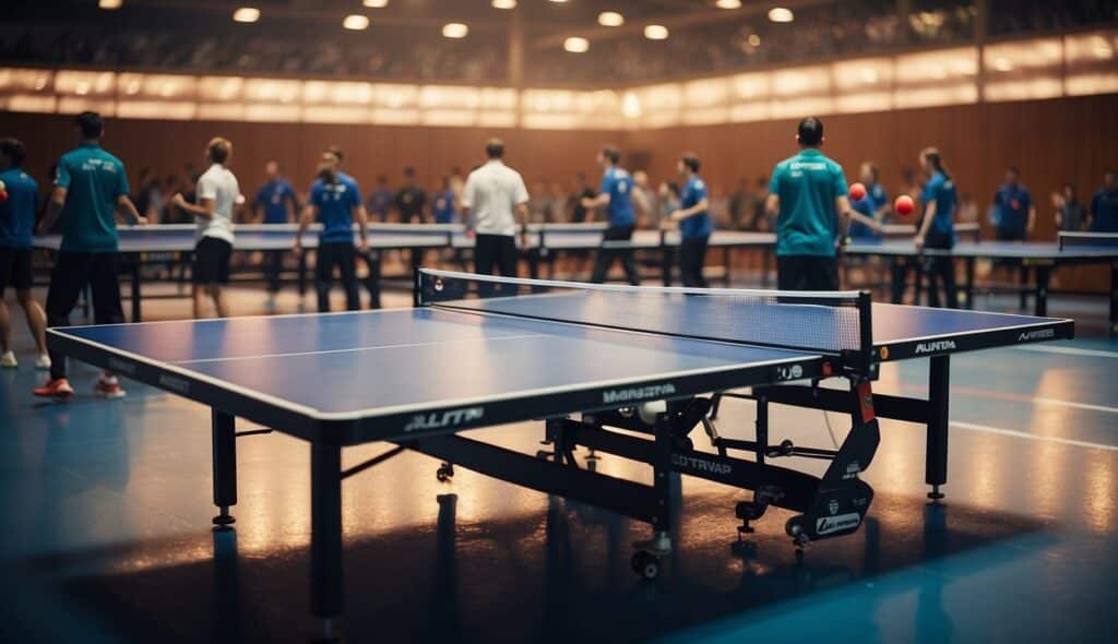 A table tennis match in a modern sports hall with players in action, surrounded by spectators and the logo of the International Table Tennis Federation