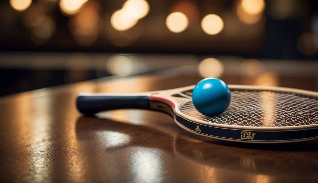 A table tennis racket and ball on a table, surrounded by historical equipment and memorabilia