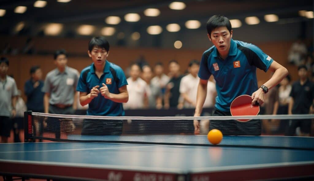 A historical table tennis competition with trophies and players' achievements displayed