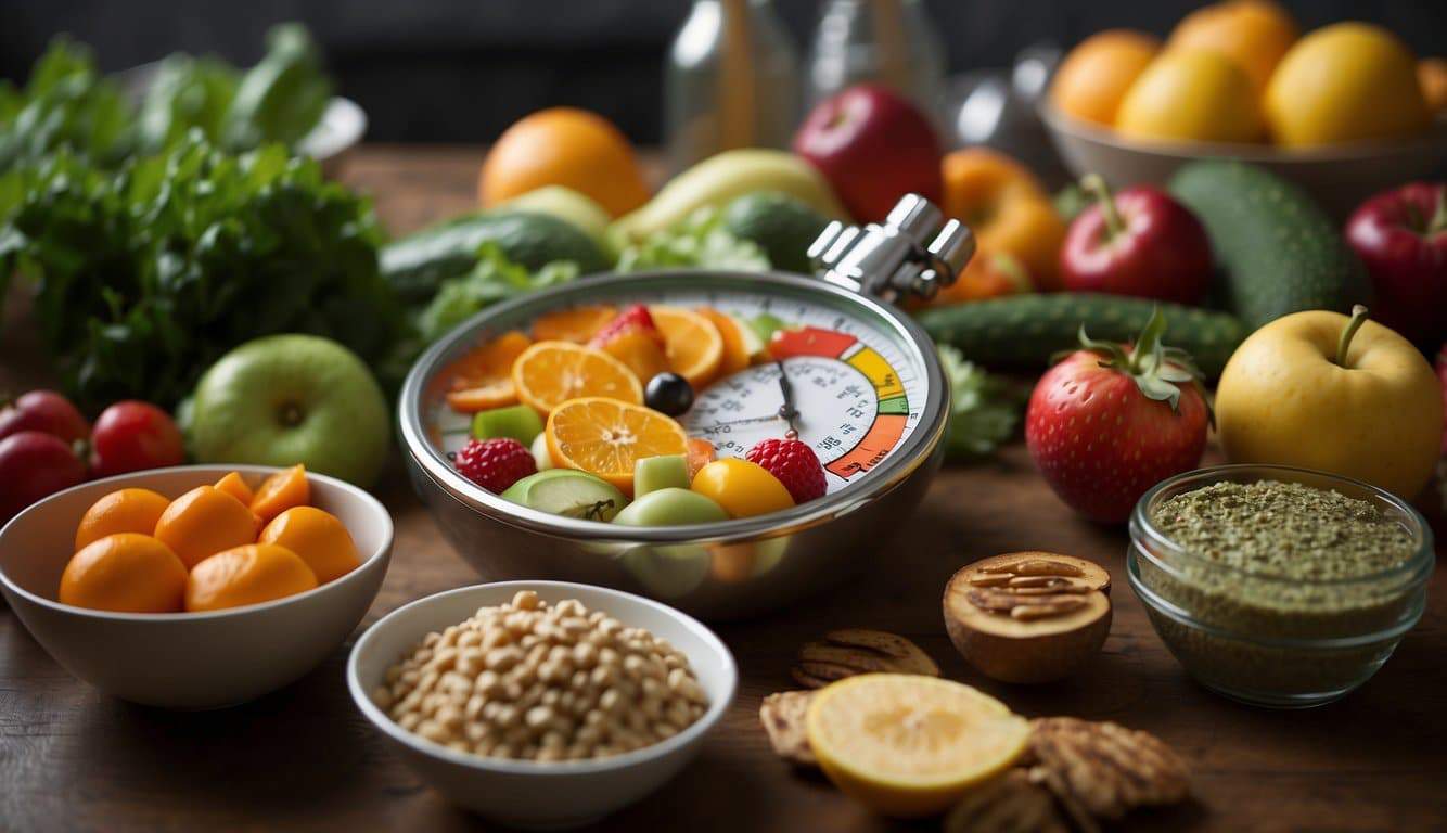 A table filled with fruits, vegetables, and lean proteins. A stopwatch and agility ladder nearby. An athlete ready to fuel their body for speed and reaction