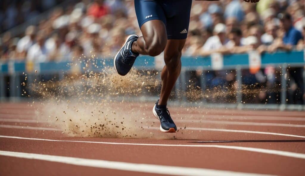 A sprinter exploding off the starting line, fueled by a specialized diet for speed and reaction in sports