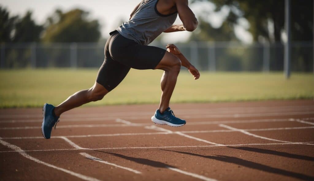 A figure sprinting through a series of agility drills, with a focus on quick footwork and rapid reaction times. A spread of healthy, energy-boosting foods surrounding the training area