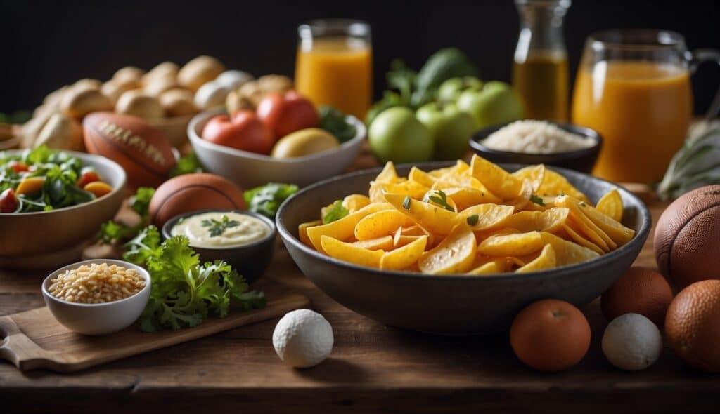 Various sports equipment and food items arranged to depict nutrition for speed and reaction in different sports