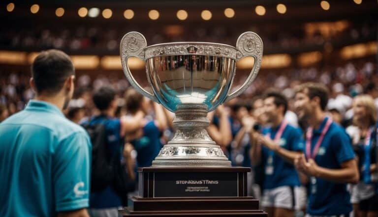 A table tennis championship trophy surrounded by a crowd of cheering fans and flashing cameras