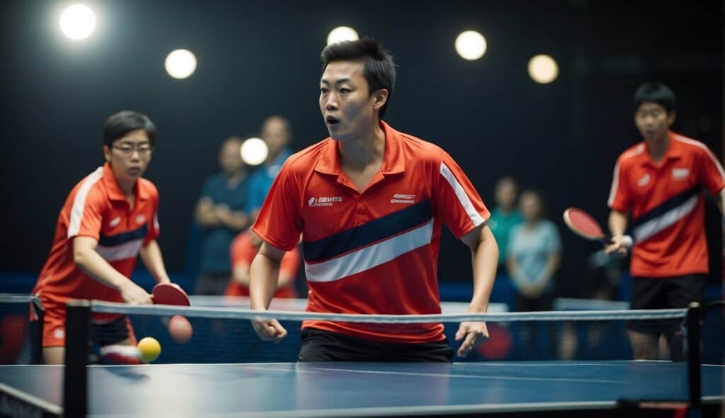 A table tennis match in progress, with players in action. The evolution and history of the sport are evident in the equipment and techniques on display