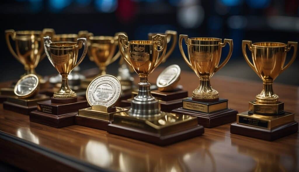 A display of trophies, medals, and championship titles symbolizing the achievements of the greatest table tennis players of all time