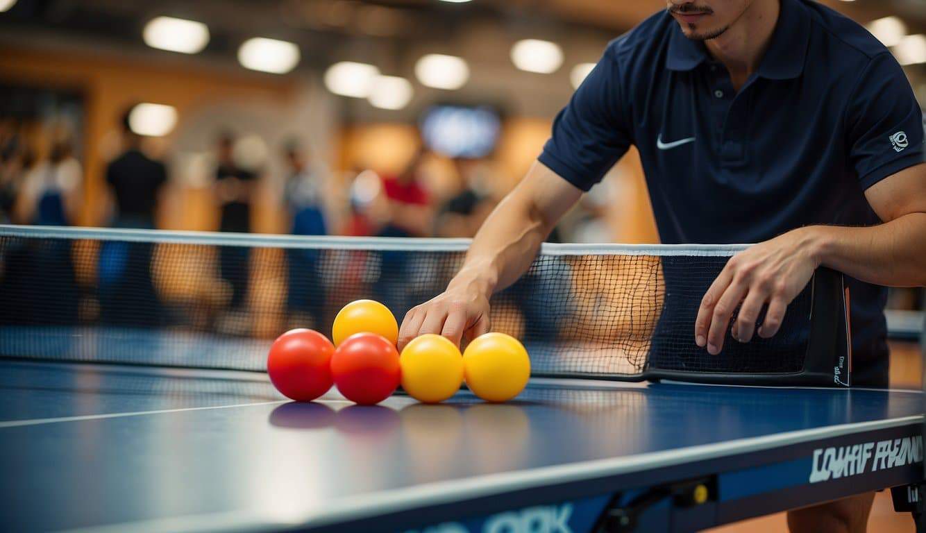 A person selecting table tennis equipment from a display of paddles, balls, and net sets