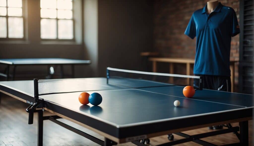 A table with a variety of table tennis equipment and clothing laid out for selection