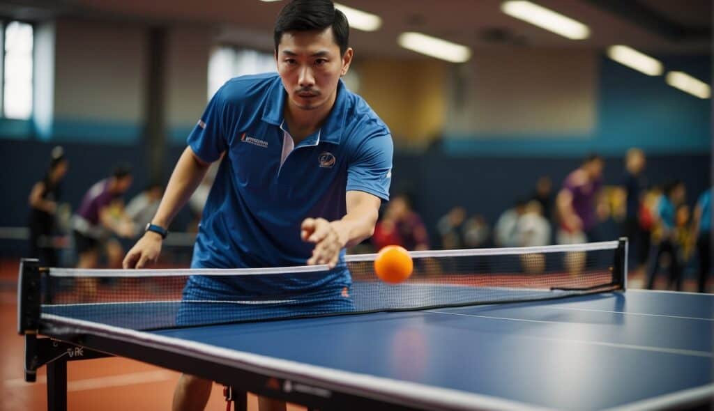 A table tennis player selecting and testing equipment for playing and training