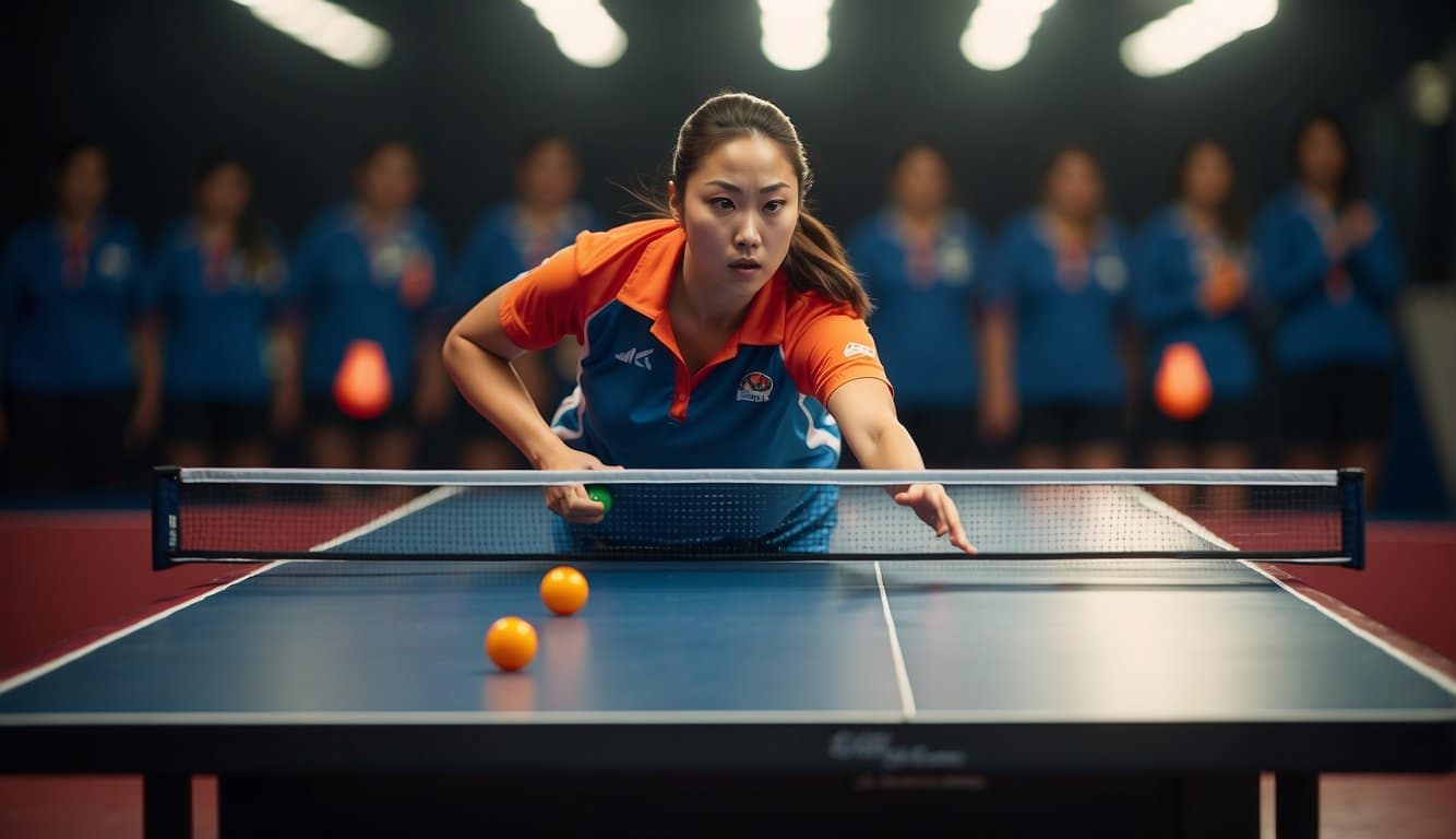 Women playing table tennis, focused and competitive, with fast-moving balls and intense concentration