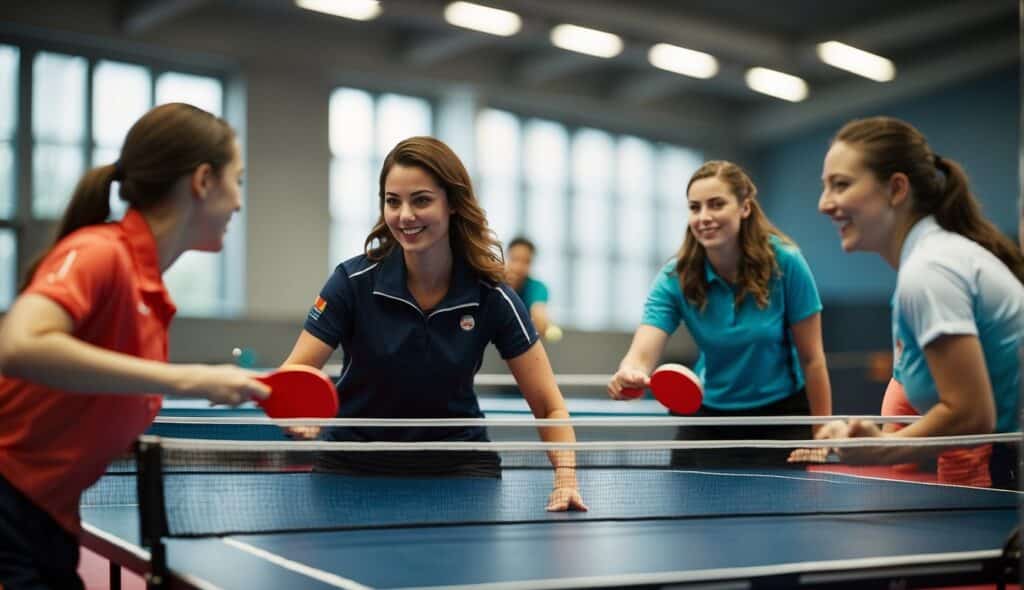 A group of women playing table tennis in a modern sports facility, showcasing the history and evolution of women's participation in the sport