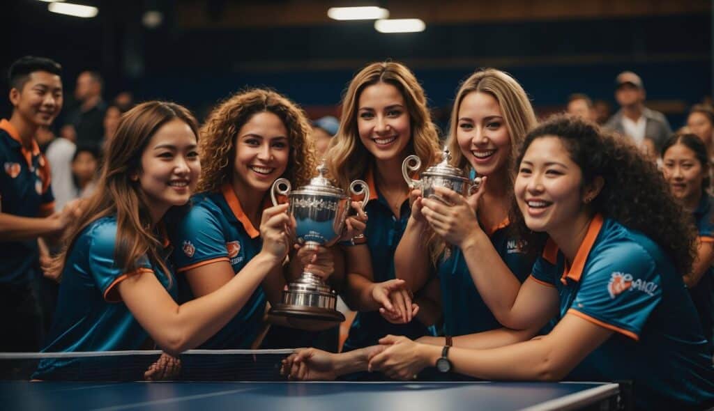 A group of women celebrating and holding trophies in a table tennis competition