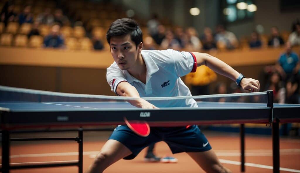 A table tennis player visualizes and strategizes, focusing intensely on the ball's trajectory and their opponent's movements. The player's mind is sharp and focused, ready to anticipate and react with precision