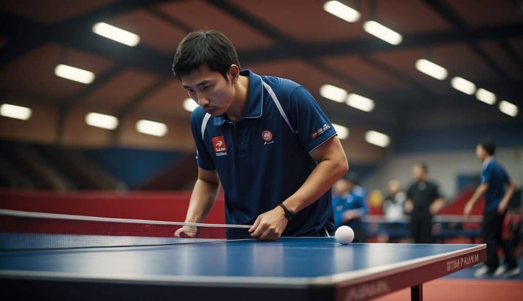 A table tennis player mentally prepares for a competition, visualizing their strategies and movements on the court