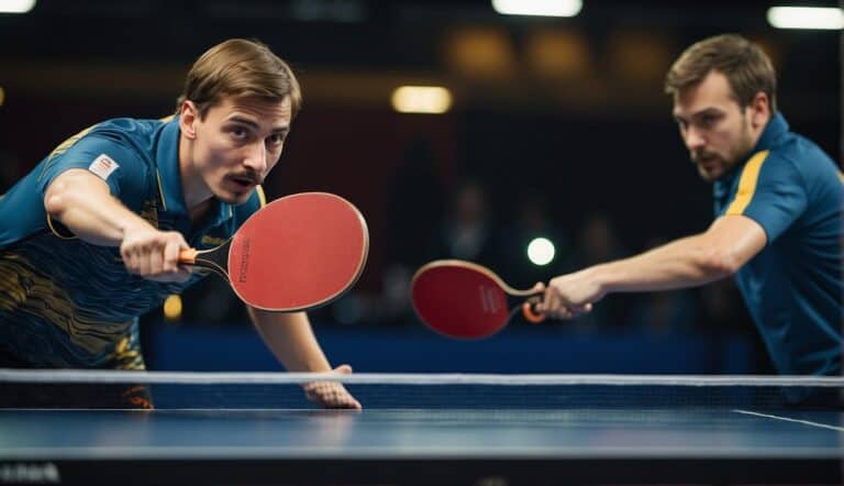 Two players compete in a fast-paced game of table tennis in Germany. The ball bounces back and forth across the table, with intense focus and quick reflexes