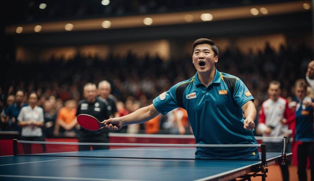 A table tennis competition in Germany with players in action and spectators cheering