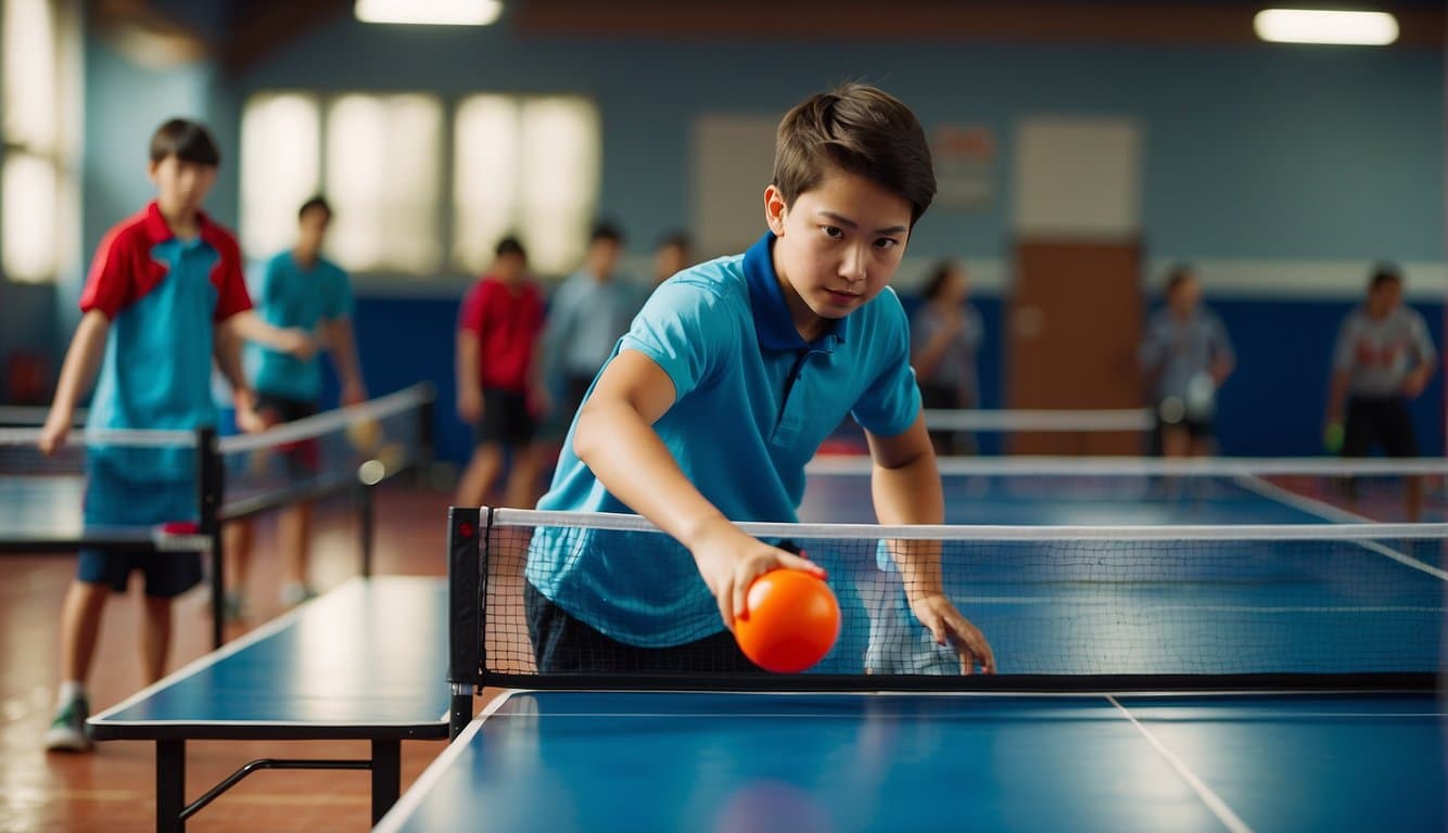 Children and teenagers playing table tennis in a brightly lit gymnasium with colorful flooring and walls. Tables are set up with nets, and players are engaged in friendly competition