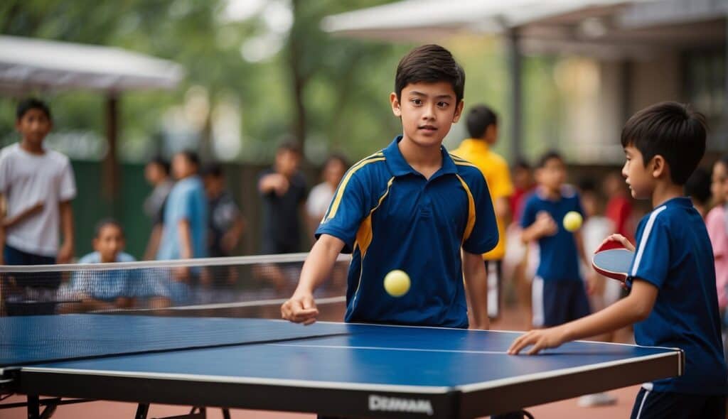 Children and teenagers playing table tennis at a community event