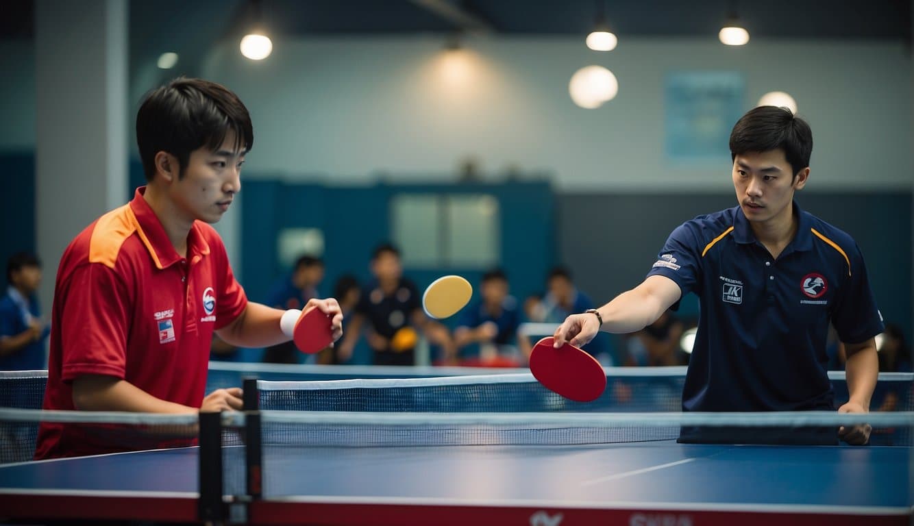 Two table tennis players strategizing for a competition, studying their opponents and planning their tactics