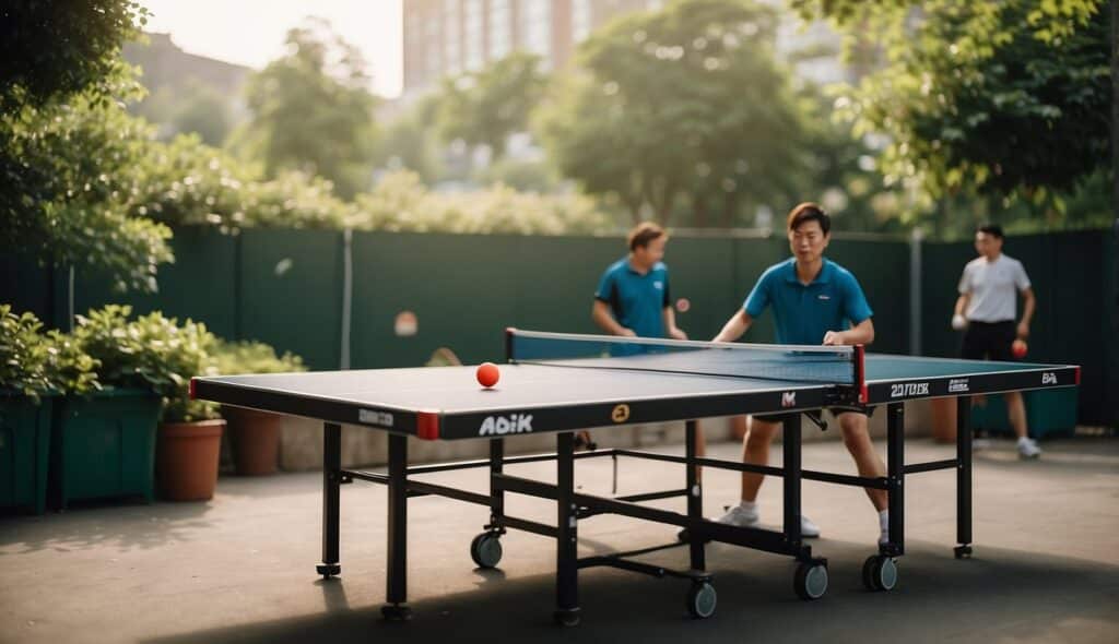 A table tennis match with sustainable equipment and eco-friendly practices, surrounded by greenery and recycling bins