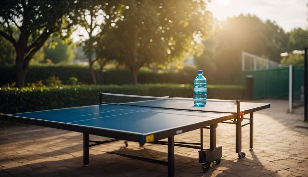 An eco-friendly table tennis tournament with recyclable equipment, solar-powered lights, and reusable water bottles