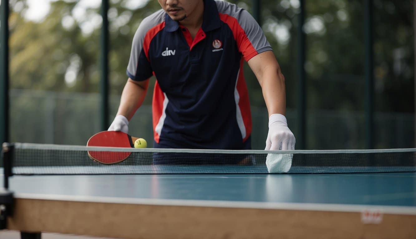 A table tennis table being cleaned and maintained, with a person wiping down the surface and checking the net for any damage